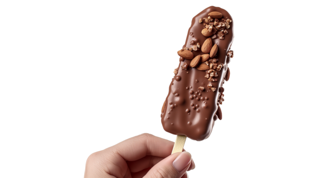 A hand holding a chocolate ice cream stick with nuts on top isolated on a transparent background - Powered by Adobe
