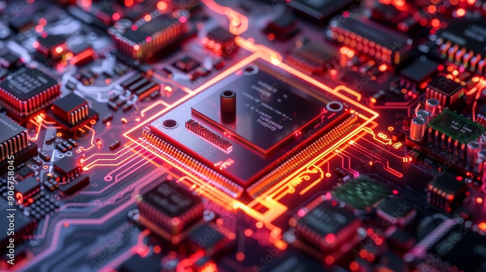 Poster close-up of a glowing red circuit board with a central processor. the image represents technology an