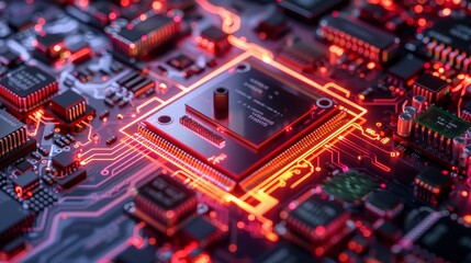 Fototapeta premium Close-up of a glowing red circuit board with a central processor. The image represents technology and innovation.