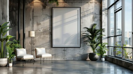 Modern Industrial Loft Interior with Large Windows and Urban City View