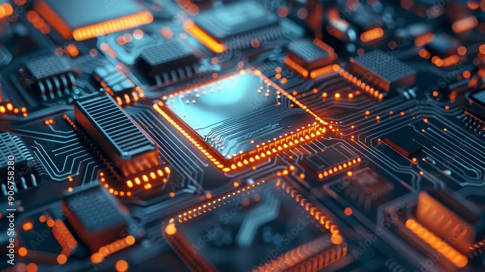 Poster close-up of a glowing cpu chip on a circuit board, highlighting the complex technology within modern