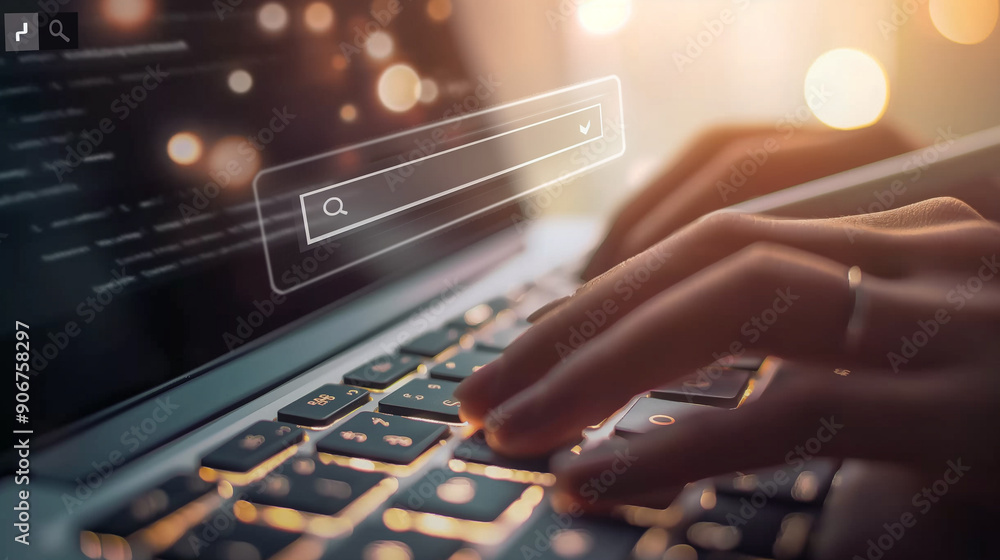 Poster close-up of hands typing on a laptop keyboard with digital graphics overlay, symbolizing modern tech