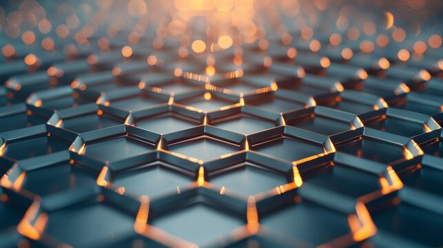 Abstract background of hexagonal pattern with warm light.  Metallic and futuristic, perfect for technology, science, and innovation.
