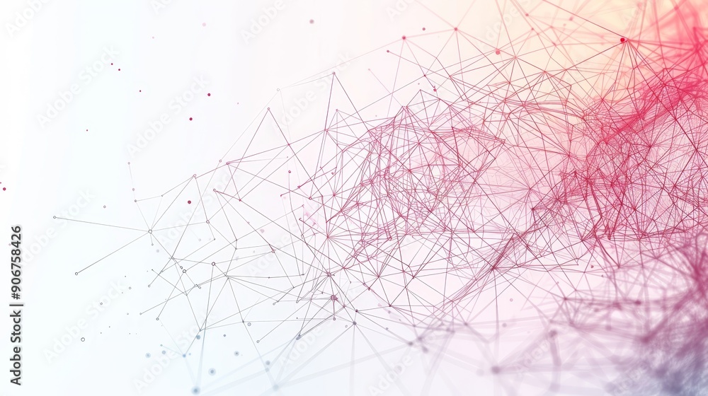 Aufkleber abstract digital background with delicate network of lines and dots in pink and red hues on a white 