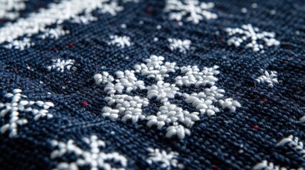 A close-up view of a dark blue fabric showcasing intricate white snowflake patterns typical of winter decor