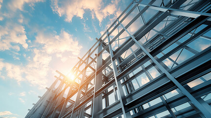 Fototapeta premium Steel framework of a building under construction with the sun shining through, representing architectural development and engineering.