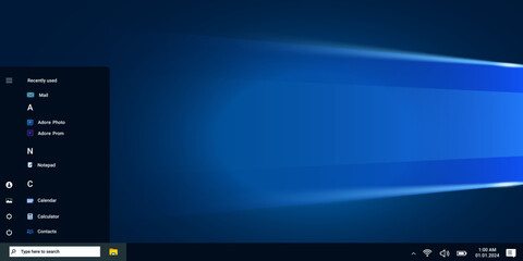 Operating system window in blue dark style with start menu and system programs. Modern control panel with app. Desktop with applications.