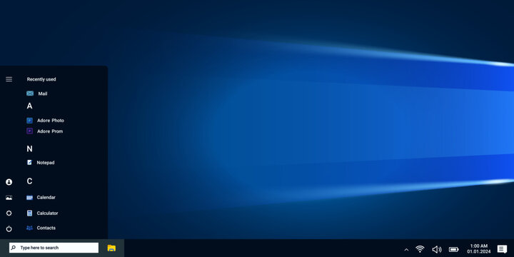 Operating system window in blue dark style with start menu and system programs. Modern control panel with app. Desktop with applications.
