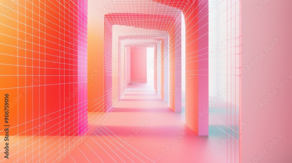 Poster abstract colorful hallway with glowing light and geometric patterns.