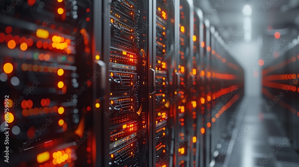 Poster rows of illuminated server racks create a vibrant atmosphere inside a modern data center at night.