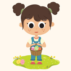 Illustration of girl collecting Easter eggs