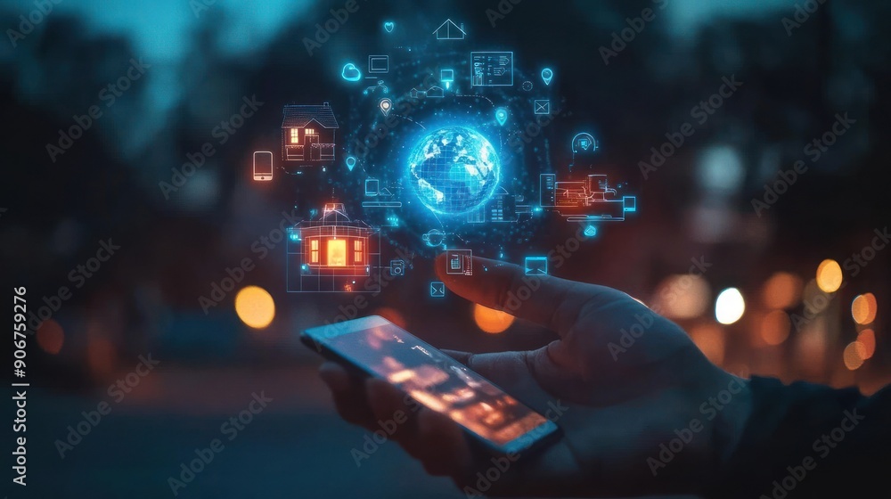 Poster hand holding smartphone with holographic smart home and global network visualization