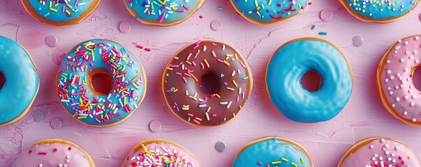 Doughnuts with colorful icing and toppings, sweet variety, festival treat