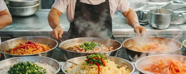 Handpulled noodles being made at a food stall, dynamic capture, festival experience © Jiraphiphat