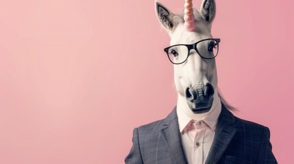 Unicorn wearing business suit and glasses over pink studio background with copy space, career and employment