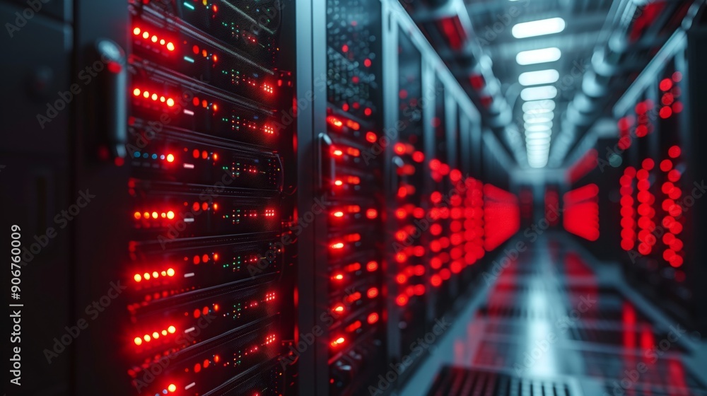 Poster rows of illuminated server racks pulse with red lights inside a high-tech data center, showcasing ad