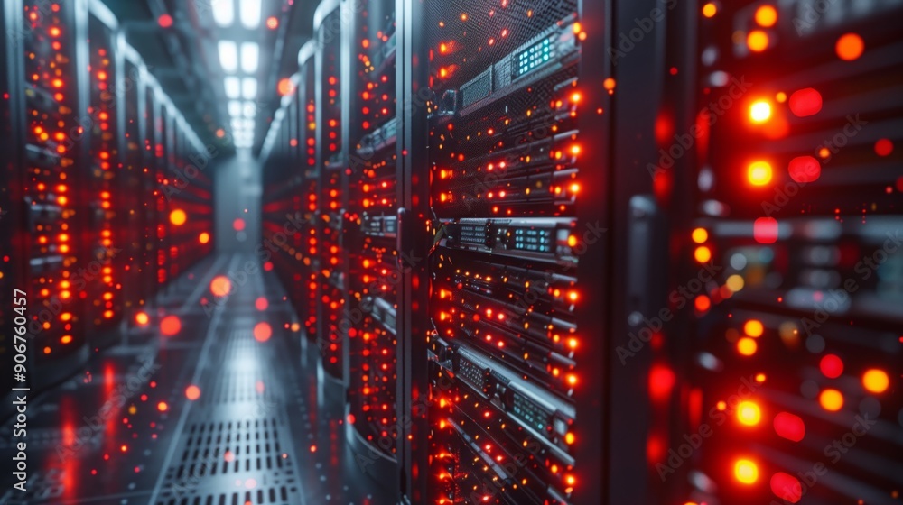 Poster rows of server racks glow with red lights, reflecting an active and efficient data center in operati