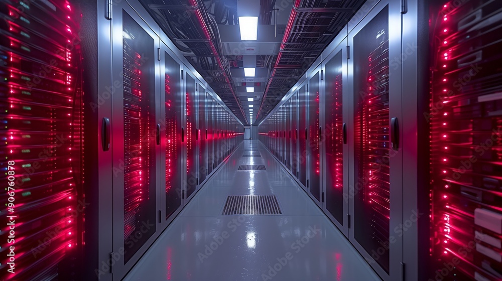 Poster rows of server racks glow with red lights in a modern data center corridor at night.