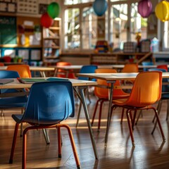 Inviting Learning Space: An Empty Classroom with Morning Light Blurring the School Background, Highlighting Colorful Stationery and a Focus on Creative Potential