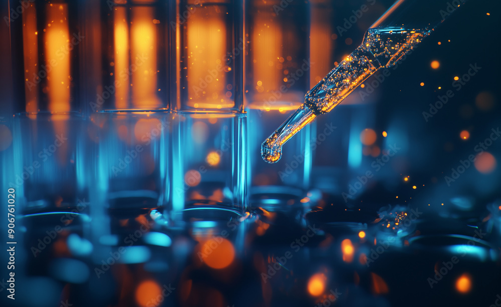 Poster a scientist using a pipette to drop liquid into test tubes in a lab, emphasizing research and scient