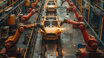Assembly line and car assembly line with robots welding car steel in a car factory