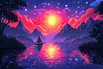 Pixelated Sunset Landscape with Sailboat on a Lake