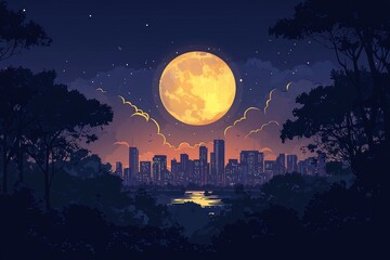 Nighttime cityscape with a full moon