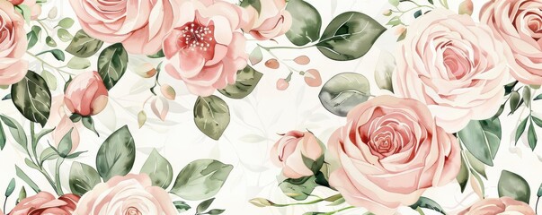 A detailed floral pattern featuring watercolor roses and peonies in soft pink and cream tones