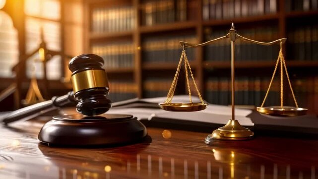 As an example of digital law and its application to online technology, we see smart law, legal advice icons, the mallet of the judge, balance, justice scale, and books in the courtroom concept.
