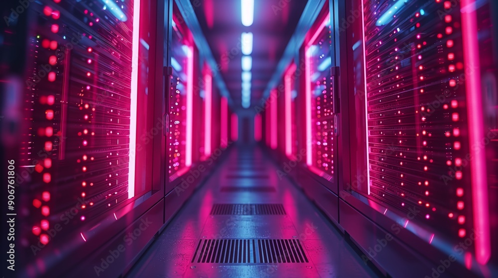Poster colorful neon lights create a striking atmosphere in a modern data center filled with high-performan