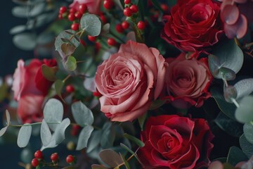 A beautiful arrangement of red roses surrounded by lush green leaves, perfect for romantic occasions or as a symbol of love and appreciation