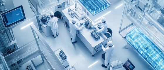 A modern laboratory scene showcasing scientists working with advanced technology and equipment in a clean environment.