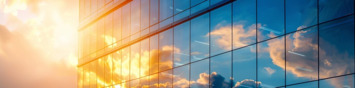 Sleek Modern Corporate Headquarters: Gleaming Glass Facade Reflecting Sunset Glow. Panoramic View of High-Rise Office Building Exemplifying Contemporary Architecture and Business Success. Ideal for Co