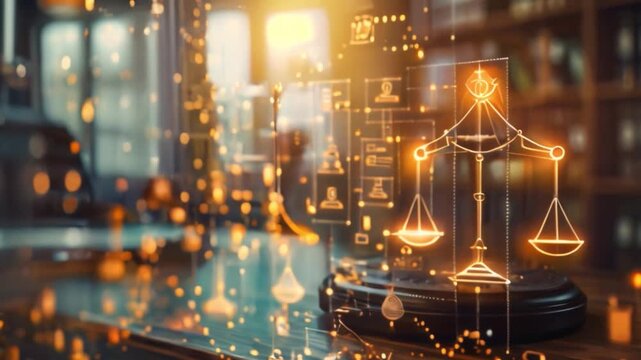 As an example of digital law and its application to online technology, we see smart law, legal advice icons, the mallet of the judge, balance, justice scale, and books in the courtroom concept.