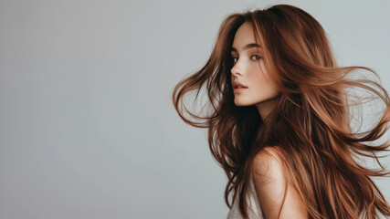Photo of a beautiful redhead woman with long  hair flowing in the wind on a gray background