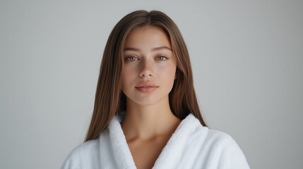 Obraz premium Photo of a beautiful girl with straight hair in a white robe on a gray background 