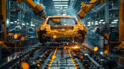 Assembly line and car assembly line with robots welding car steel in a car factory