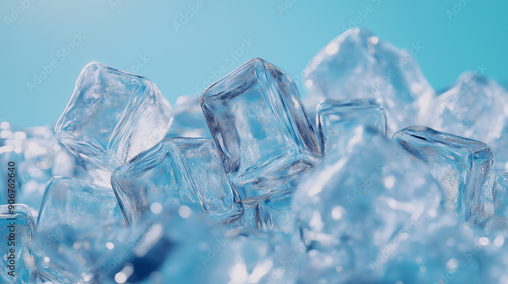 Poster close-up of translucent ice cubes with visible texture, emphasizing freshness, coldness, and purity.