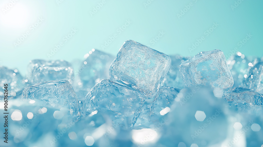 Poster close-up of translucent ice cubes with visible texture, emphasizing freshness, coldness, and purity.