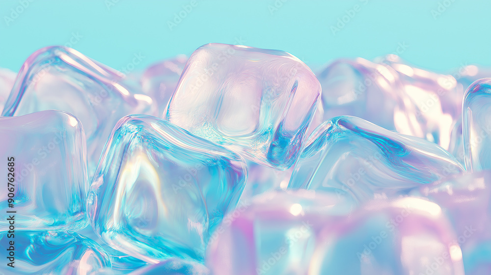 Poster close-up of translucent ice cubes with visible texture, emphasizing freshness, coldness, and purity.
