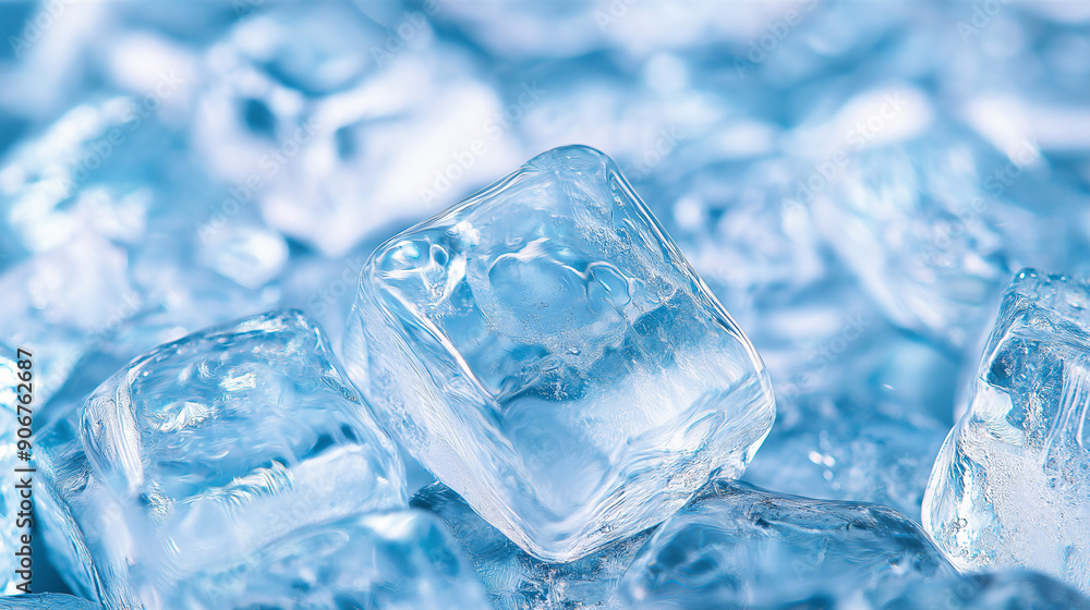 Poster close-up of translucent ice cubes with visible texture, emphasizing freshness, coldness, and purity.