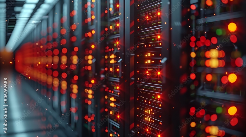 Poster a dimly lit data center filled with server racks displaying vibrant led lights during evening operat