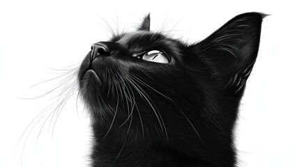 A striking portrait of a black cat gazing upwards, capturing its curious expression and sleek fur.
