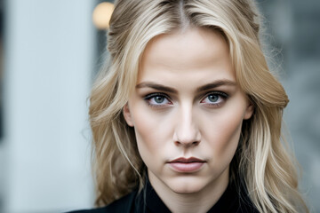 Fototapeta premium Blonde Caucasian woman close-up portrait; model looking at camera; beauty and enchanting look; eyes nose mouth flawless