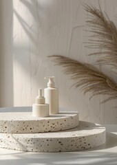 Beauty natural skincare product mock up. Cosmetics bottles on stone podium