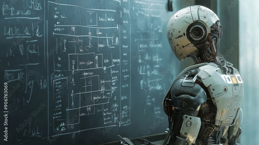 Poster a humanoid robot standing in front of a chalkboard filled with complex equations, symbolizing advanc
