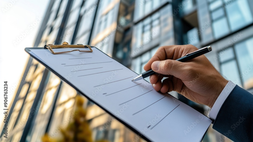 Poster person signing a document with a pen in front of a building