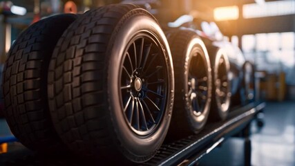An auto repair shop installs a new tire. A car in the stock blur of the industry is seen getting four new tires installed in an auto repair shop in the hazy background.