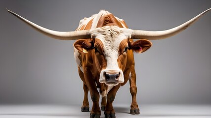 Front view photograph of a Texas Longhorn cow isolated on a clear background. PNG livestock