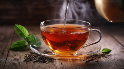 A steaming cup of tea being poured, surrounded by fresh mint leaves, capturing warmth, relaxation, and refreshment.